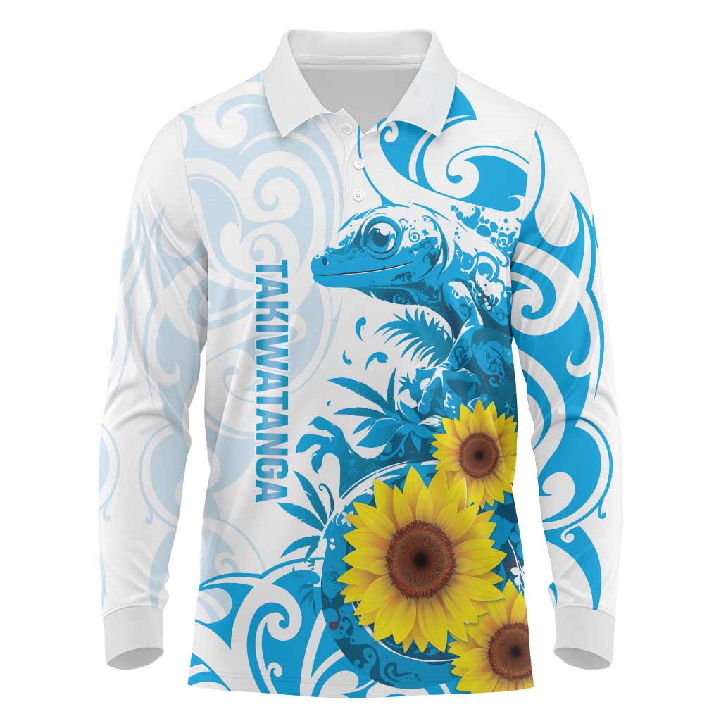 New Zealand Autism Awareness Month Long Sleeve Polo Shirt Takiwatanga Maori Lizard With Sunflower LT14 Blue - Polynesian Pride