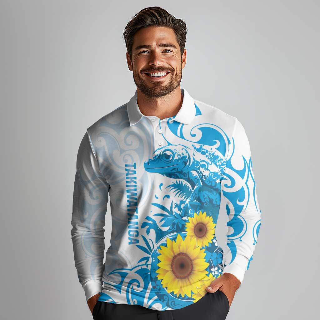 New Zealand Autism Awareness Month Long Sleeve Polo Shirt Takiwatanga Maori Lizard With Sunflower LT14 - Polynesian Pride