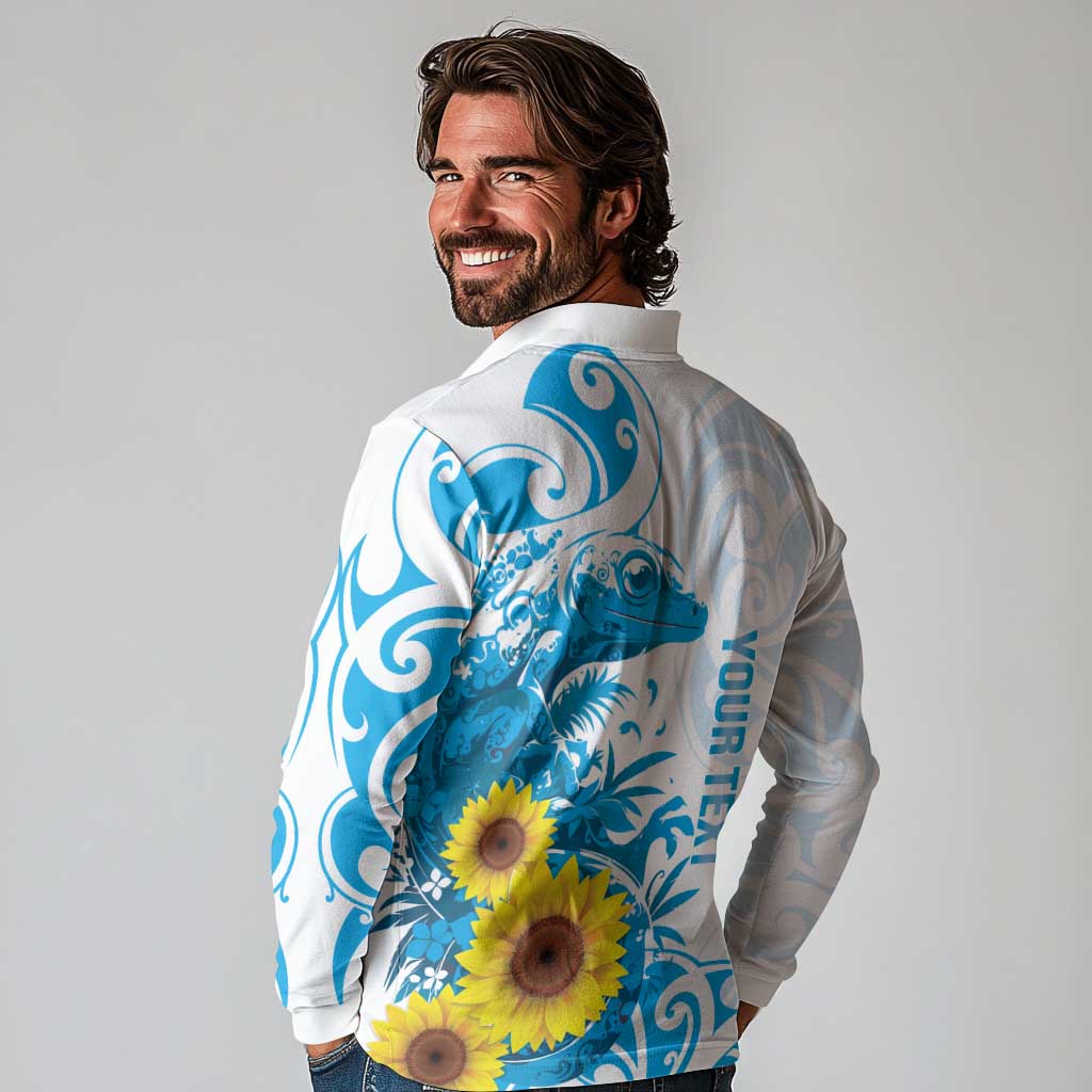 New Zealand Autism Awareness Month Long Sleeve Polo Shirt Takiwatanga Maori Lizard With Sunflower LT14 - Polynesian Pride