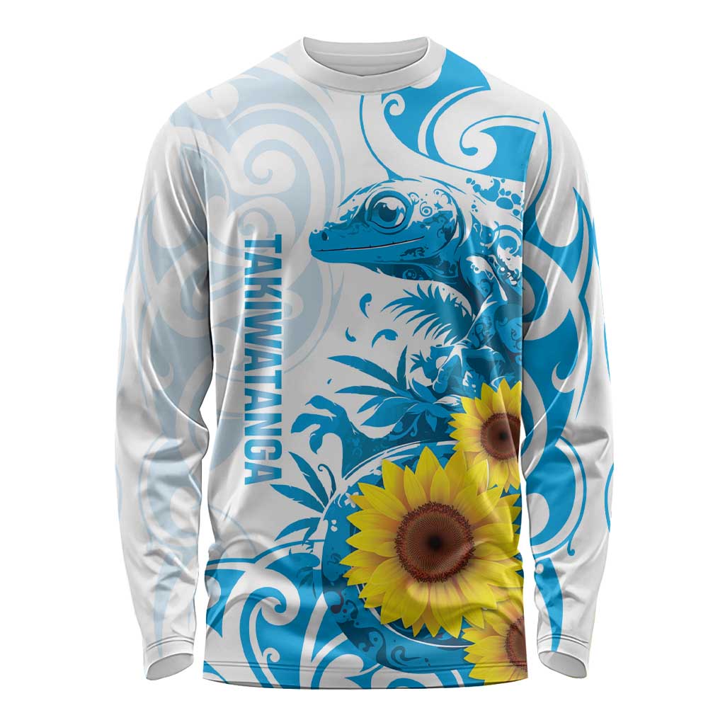 New Zealand Autism Awareness Month Long Sleeve Shirt Takiwatanga Maori Lizard With Sunflower LT14 Unisex Blue - Polynesian Pride