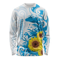 New Zealand Autism Awareness Month Long Sleeve Shirt Takiwatanga Maori Lizard With Sunflower LT14 Unisex Blue - Polynesian Pride