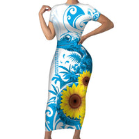 New Zealand Autism Awareness Month Short Sleeve Bodycon Dress Takiwatanga Maori Lizard With Sunflower LT14 Long Dress Blue - Polynesian Pride