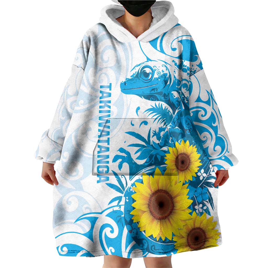 New Zealand Autism Awareness Month Wearable Blanket Hoodie Takiwatanga Maori Lizard With Sunflower LT14 - Polynesian Pride