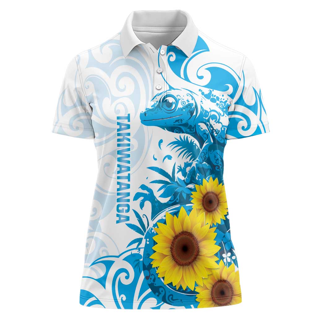 New Zealand Autism Awareness Month Women Polo Shirt Takiwatanga Maori Lizard With Sunflower LT14 Female Blue - Polynesian Pride