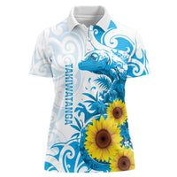 New Zealand Autism Awareness Month Women Polo Shirt Takiwatanga Maori Lizard With Sunflower LT14 Female Blue - Polynesian Pride