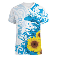 New Zealand Autism Awareness Month Women V-Neck T-Shirt Takiwatanga Maori Lizard With Sunflower