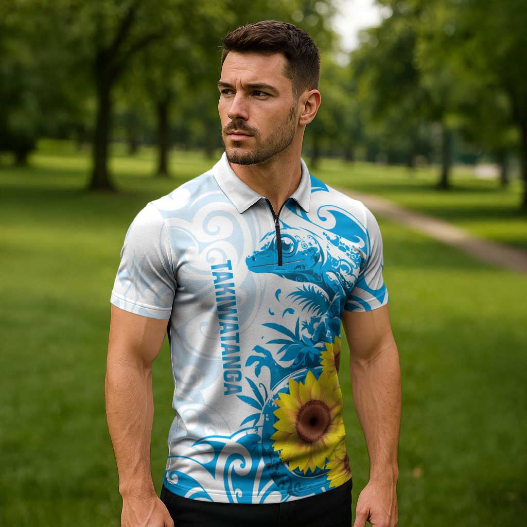 New Zealand Autism Awareness Month Zipper Polo Shirt Takiwatanga Maori Lizard With Sunflower LT14 - Polynesian Pride