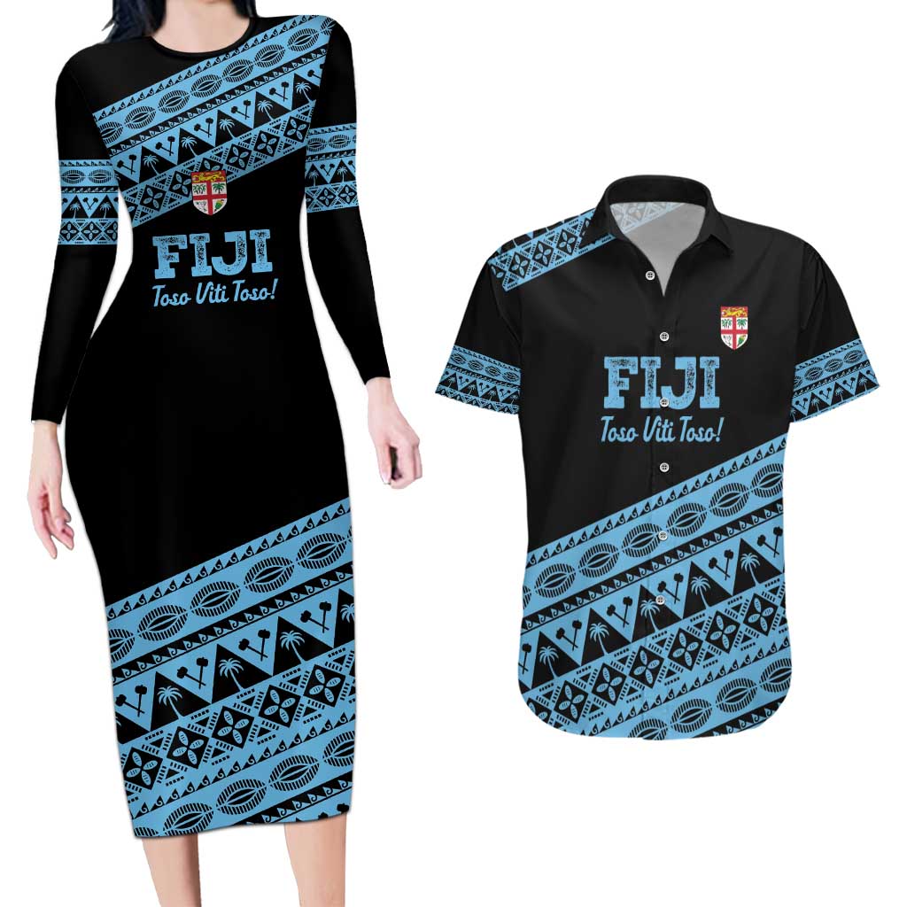 Fiji Rugby 2025 Custom Couples Matching Long Sleeve Bodycon Dress and Hawaiian Shirt Fijian Tapa Toso Viti Toso - Black LT14 Black - Polynesian Pride