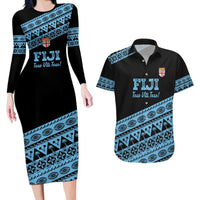 Fiji Rugby 2025 Custom Couples Matching Long Sleeve Bodycon Dress and Hawaiian Shirt Fijian Tapa Toso Viti Toso - Black LT14 Black - Polynesian Pride