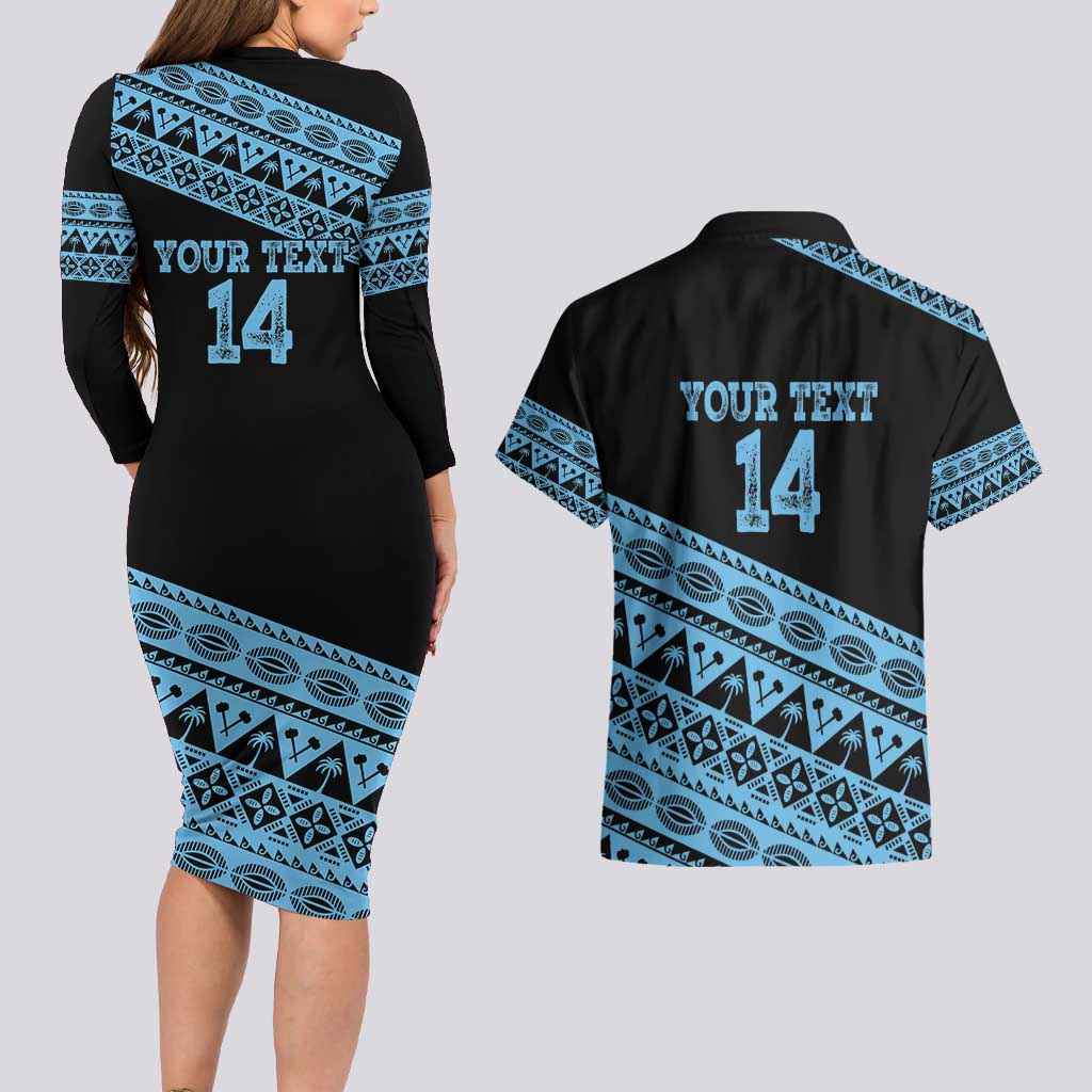 Fiji Rugby 2025 Custom Couples Matching Long Sleeve Bodycon Dress and Hawaiian Shirt Fijian Tapa Toso Viti Toso - Black LT14 - Polynesian Pride