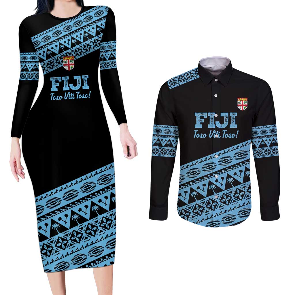 Fiji Rugby 2025 Custom Couples Matching Long Sleeve Bodycon Dress and Long Sleeve Button Shirt Fijian Tapa Toso Viti Toso - Black LT14 Black - Polynesian Pride