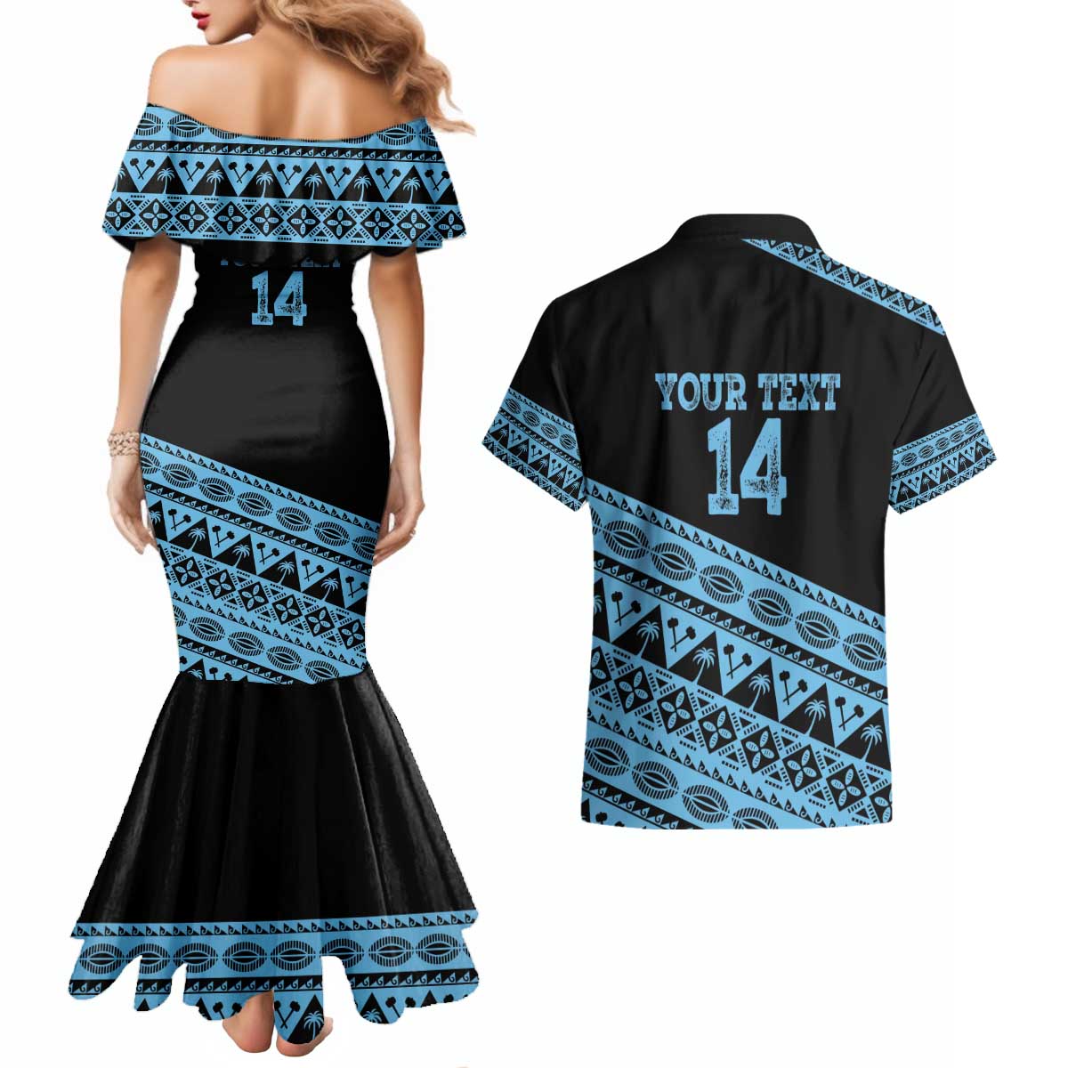 Fiji Rugby 2025 Custom Couples Matching Mermaid Dress and Hawaiian Shirt Fijian Tapa Toso Viti Toso - Black LT14 - Polynesian Pride