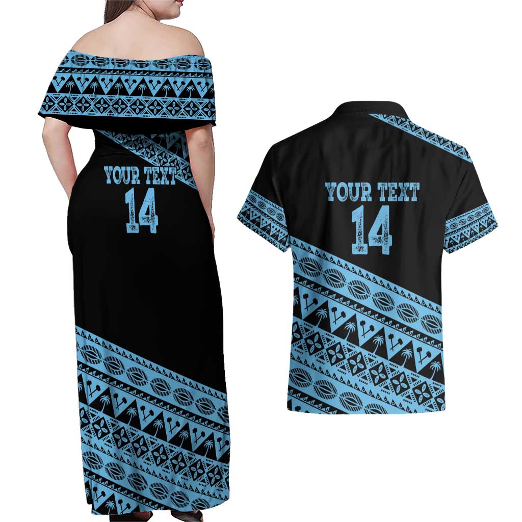Fiji Rugby 2025 Custom Couples Matching Off Shoulder Maxi Dress and Hawaiian Shirt Fijian Tapa Toso Viti Toso - Black LT14 - Polynesian Pride