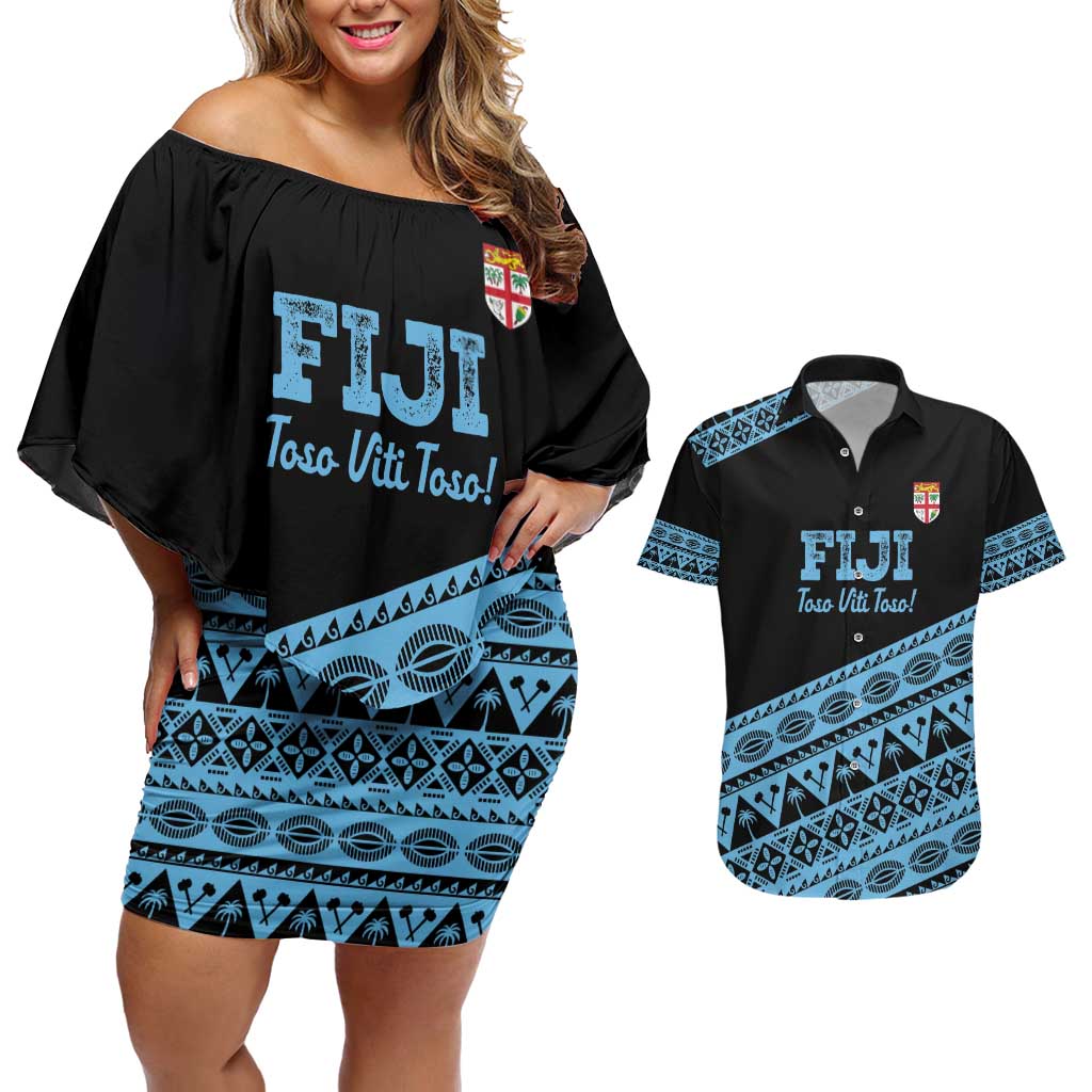 Fiji Rugby 2025 Custom Couples Matching Off Shoulder Short Dress and Hawaiian Shirt Fijian Tapa Toso Viti Toso - Black LT14 Black - Polynesian Pride