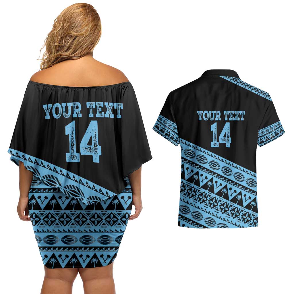 Fiji Rugby 2025 Custom Couples Matching Off Shoulder Short Dress and Hawaiian Shirt Fijian Tapa Toso Viti Toso - Black LT14 - Polynesian Pride