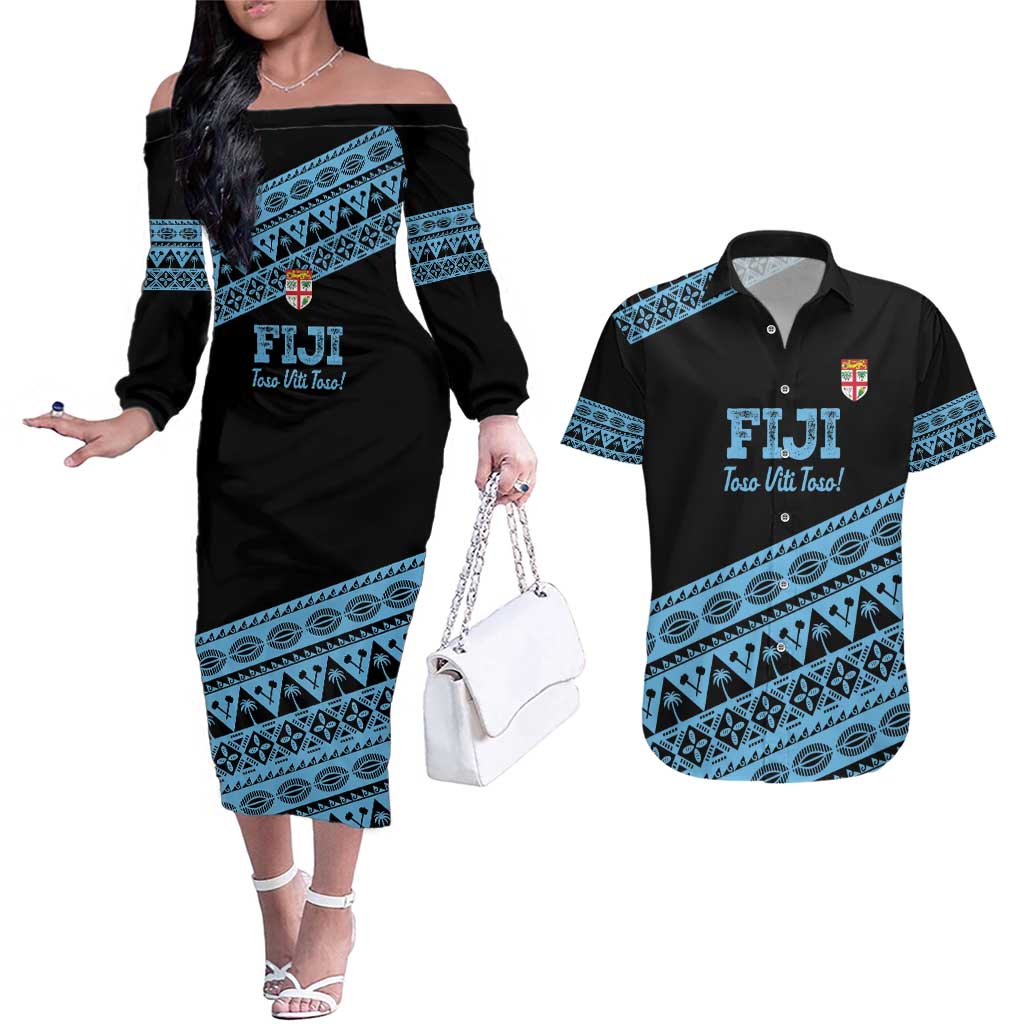 Fiji Rugby 2025 Custom Couples Matching Off The Shoulder Long Sleeve Dress and Hawaiian Shirt Fijian Tapa Toso Viti Toso - Black LT14 Black - Polynesian Pride