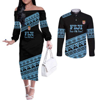 Fiji Rugby 2025 Custom Couples Matching Off The Shoulder Long Sleeve Dress and Long Sleeve Button Shirt Fijian Tapa Toso Viti Toso - Black LT14 Black - Polynesian Pride
