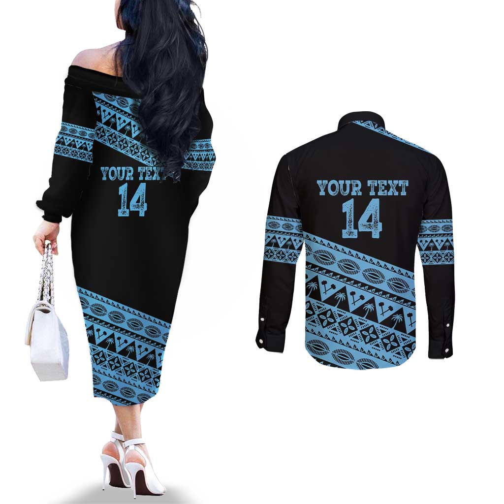 Fiji Rugby 2025 Custom Couples Matching Off The Shoulder Long Sleeve Dress and Long Sleeve Button Shirt Fijian Tapa Toso Viti Toso - Black LT14 - Polynesian Pride