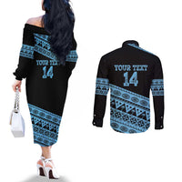 Fiji Rugby 2025 Custom Couples Matching Off The Shoulder Long Sleeve Dress and Long Sleeve Button Shirt Fijian Tapa Toso Viti Toso - Black LT14 - Polynesian Pride