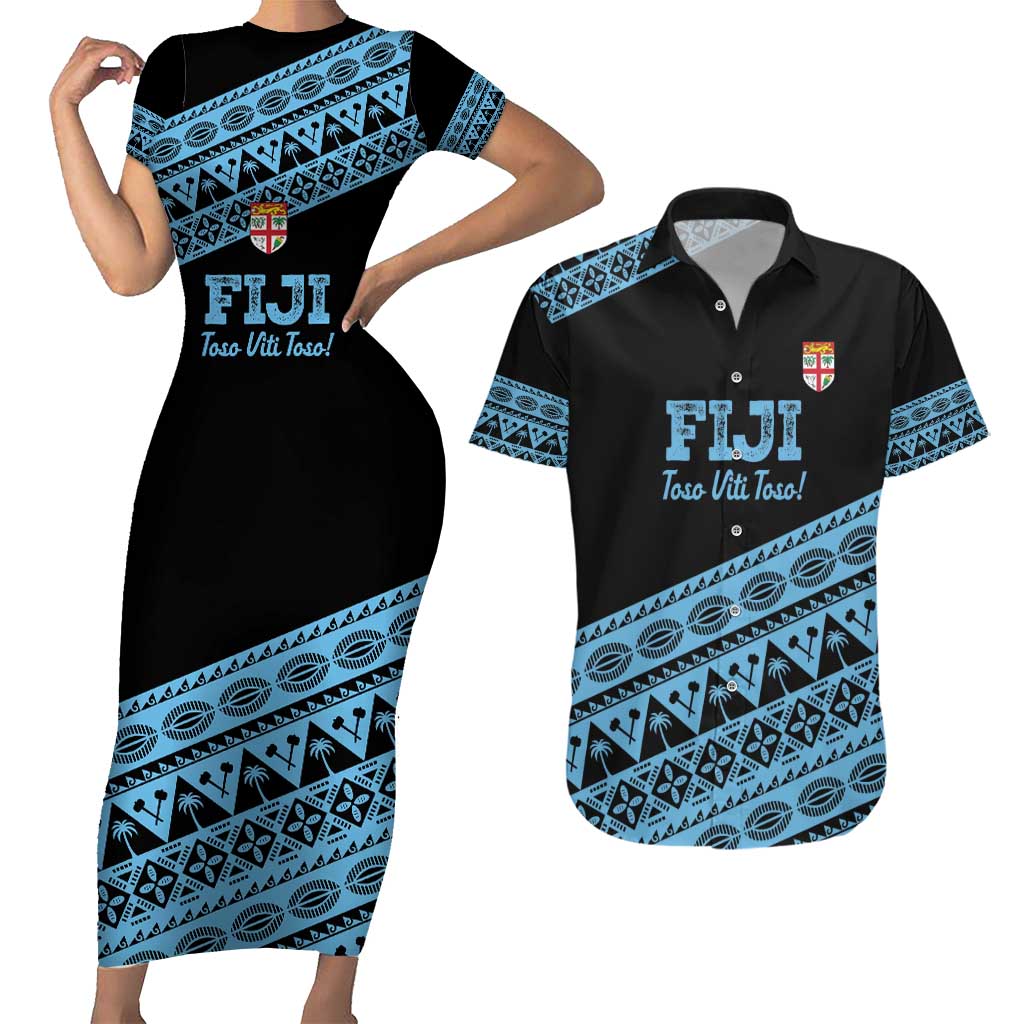 Fiji Rugby 2025 Custom Couples Matching Short Sleeve Bodycon Dress and Hawaiian Shirt Fijian Tapa Toso Viti Toso - Black LT14 Black - Polynesian Pride