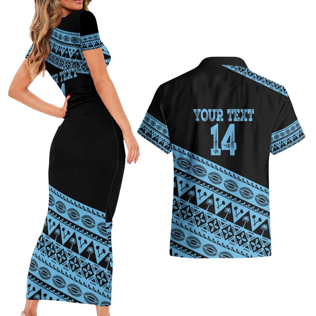 Fiji Rugby 2025 Custom Couples Matching Short Sleeve Bodycon Dress and Hawaiian Shirt Fijian Tapa Toso Viti Toso - Black LT14 - Polynesian Pride