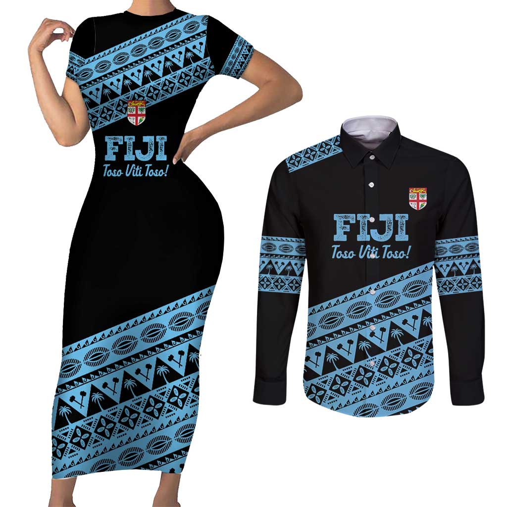 Fiji Rugby 2025 Custom Couples Matching Short Sleeve Bodycon Dress and Long Sleeve Button Shirt Fijian Tapa Toso Viti Toso - Black LT14 Black - Polynesian Pride
