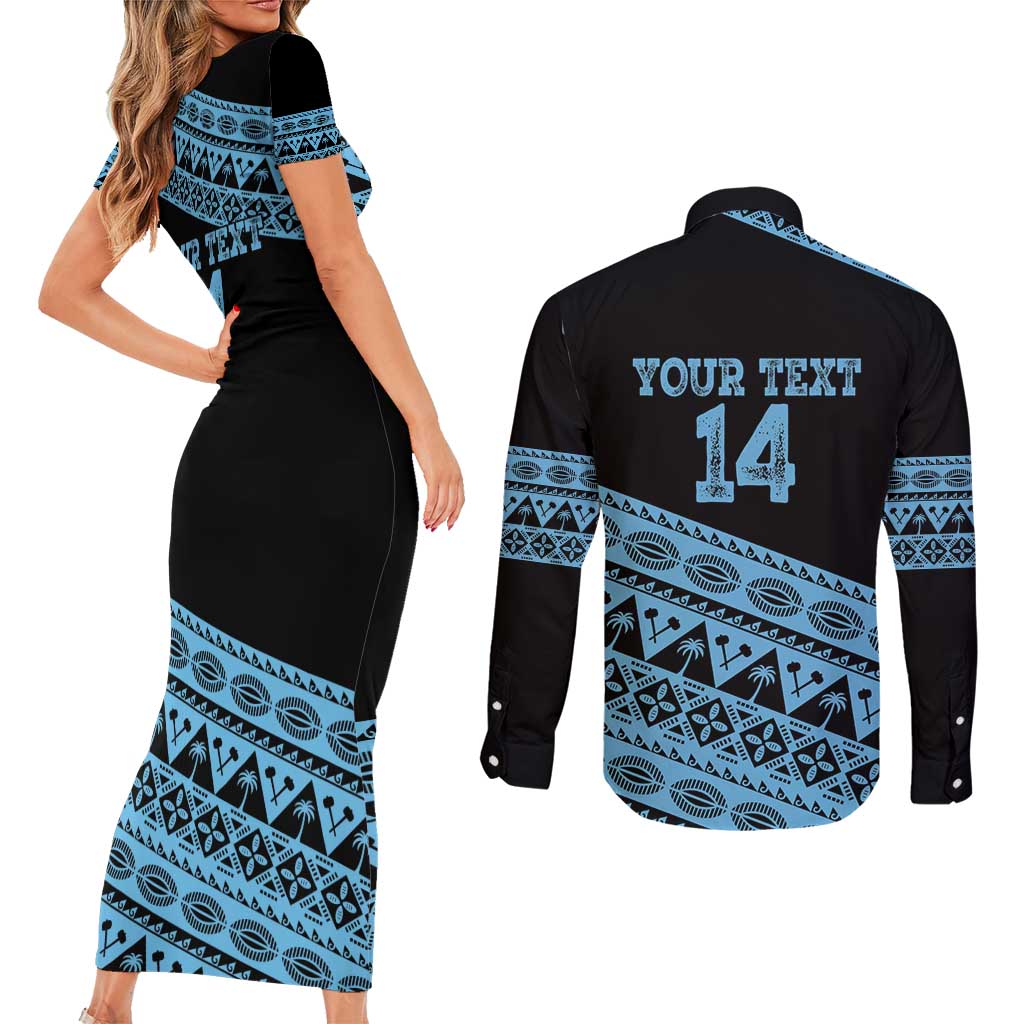 Fiji Rugby 2025 Custom Couples Matching Short Sleeve Bodycon Dress and Long Sleeve Button Shirt Fijian Tapa Toso Viti Toso - Black LT14 - Polynesian Pride