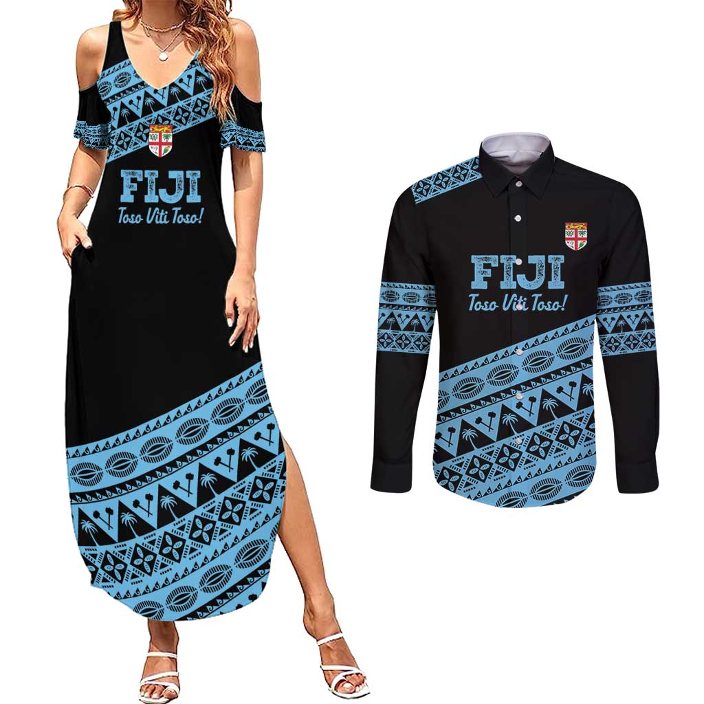 Fiji Rugby 2025 Custom Couples Matching Summer Maxi Dress and Long Sleeve Button Shirt Fijian Tapa Toso Viti Toso - Black LT14 Black - Polynesian Pride