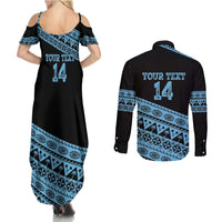 Fiji Rugby 2025 Custom Couples Matching Summer Maxi Dress and Long Sleeve Button Shirt Fijian Tapa Toso Viti Toso - Black LT14 - Polynesian Pride