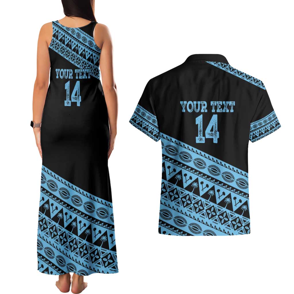 Fiji Rugby 2025 Custom Couples Matching Tank Maxi Dress and Hawaiian Shirt Fijian Tapa Toso Viti Toso - Black LT14 - Polynesian Pride