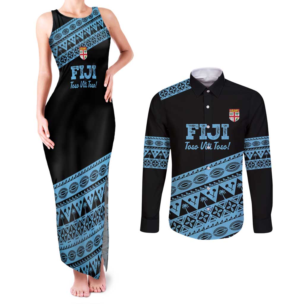 Fiji Rugby 2025 Custom Couples Matching Tank Maxi Dress and Long Sleeve Button Shirt Fijian Tapa Toso Viti Toso - Black LT14 Black - Polynesian Pride