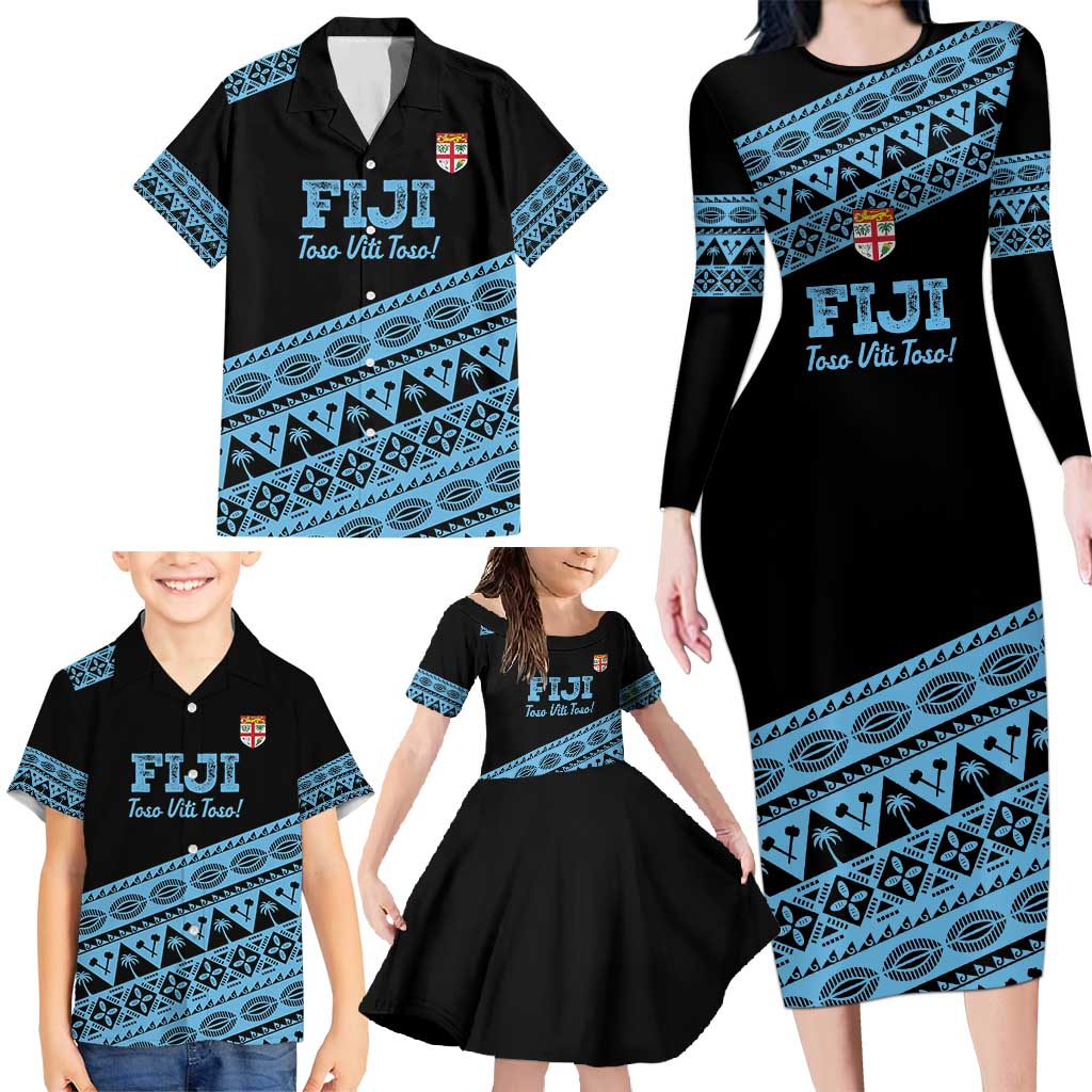 Fiji Rugby 2025 Custom Family Matching Long Sleeve Bodycon Dress and Hawaiian Shirt Fijian Tapa Toso Viti Toso - Black LT14 - Polynesian Pride