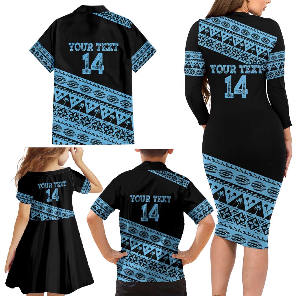 Fiji Rugby 2025 Custom Family Matching Long Sleeve Bodycon Dress and Hawaiian Shirt Fijian Tapa Toso Viti Toso - Black LT14 - Polynesian Pride
