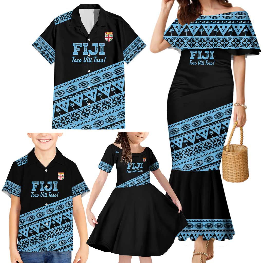 Fiji Rugby 2025 Custom Family Matching Mermaid Dress and Hawaiian Shirt Fijian Tapa Toso Viti Toso - Black LT14 - Polynesian Pride