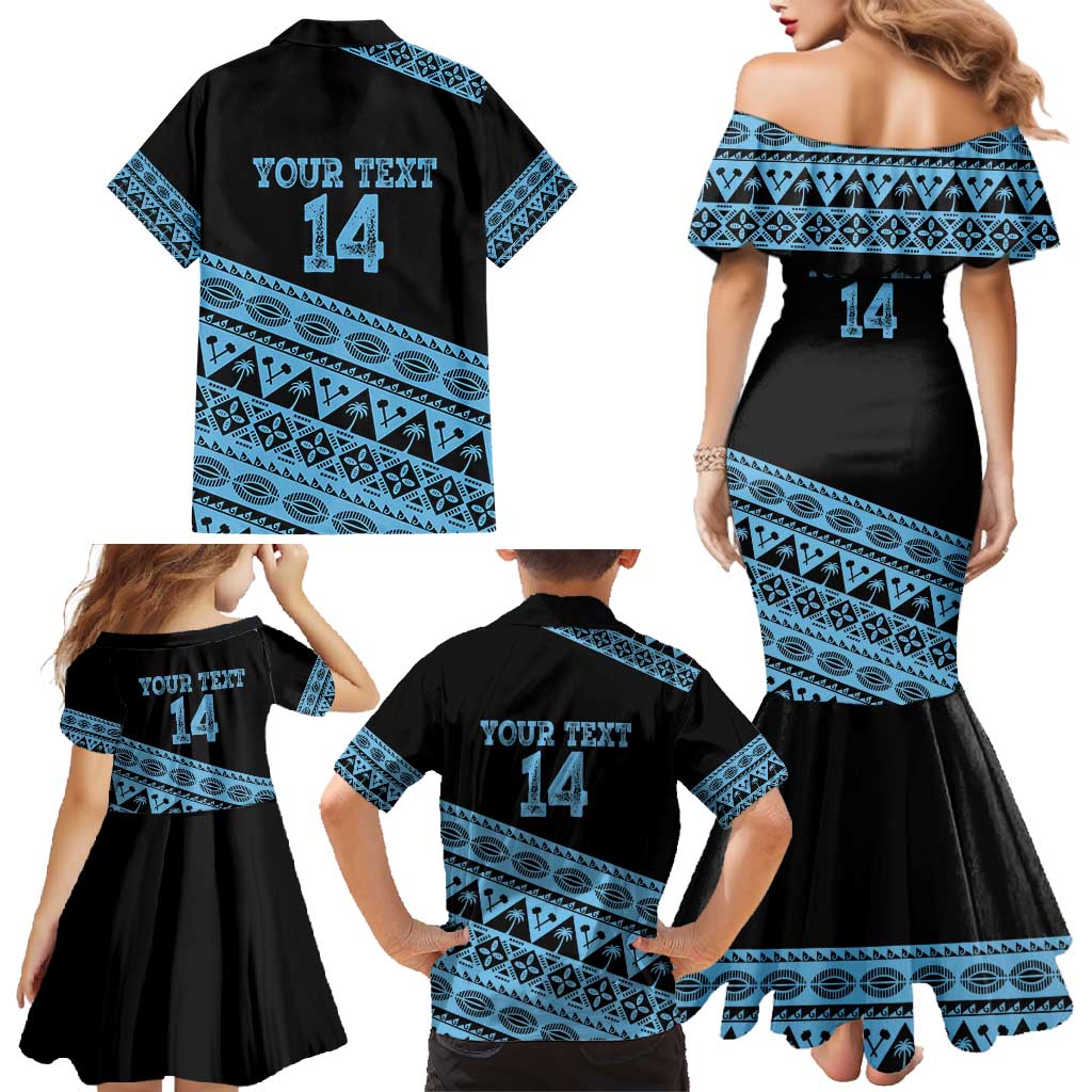 Fiji Rugby 2025 Custom Family Matching Mermaid Dress and Hawaiian Shirt Fijian Tapa Toso Viti Toso - Black LT14 - Polynesian Pride