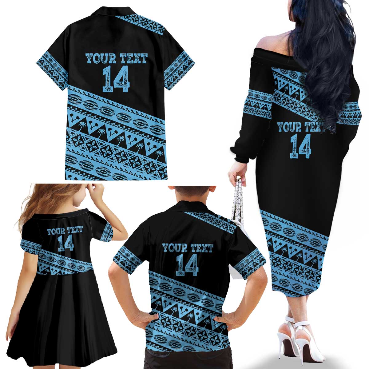 Fiji Rugby 2025 Custom Family Matching Off The Shoulder Long Sleeve Dress and Hawaiian Shirt Fijian Tapa Toso Viti Toso - Black LT14 - Polynesian Pride