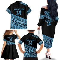Fiji Rugby 2025 Custom Family Matching Off The Shoulder Long Sleeve Dress and Hawaiian Shirt Fijian Tapa Toso Viti Toso - Black LT14 - Polynesian Pride