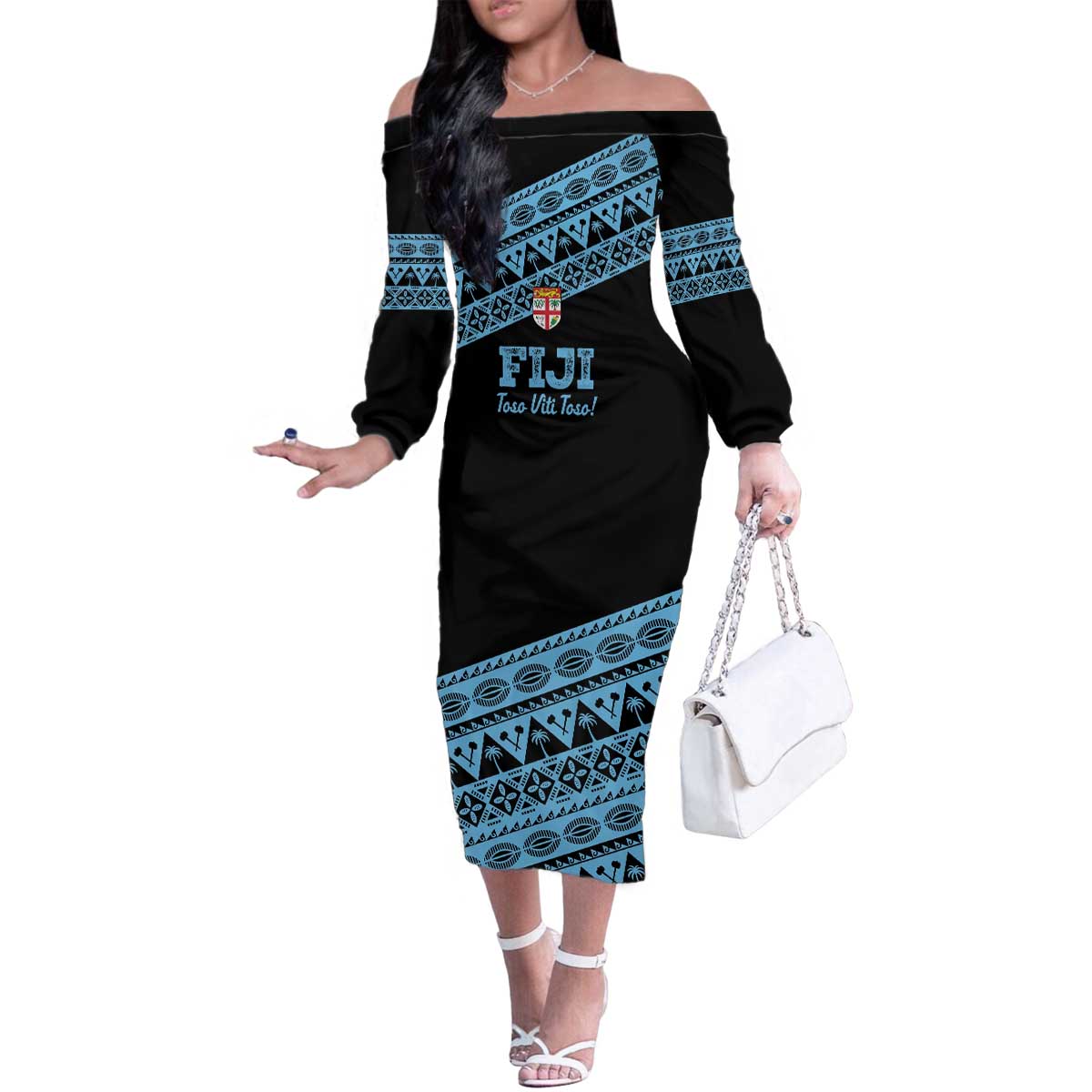 Fiji Rugby 2025 Custom Family Matching Off The Shoulder Long Sleeve Dress and Hawaiian Shirt Fijian Tapa Toso Viti Toso - Black LT14 Mom's Dress Black - Polynesian Pride