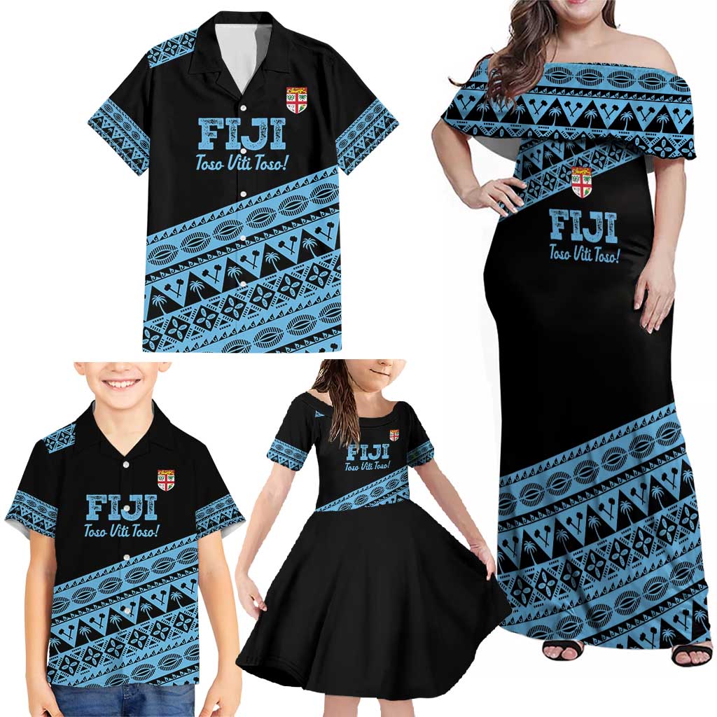 Fiji Rugby 2025 Custom Family Matching Off Shoulder Maxi Dress and Hawaiian Shirt Fijian Tapa Toso Viti Toso - Black LT14 - Polynesian Pride