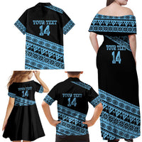 Fiji Rugby 2025 Custom Family Matching Off Shoulder Maxi Dress and Hawaiian Shirt Fijian Tapa Toso Viti Toso - Black LT14 - Polynesian Pride