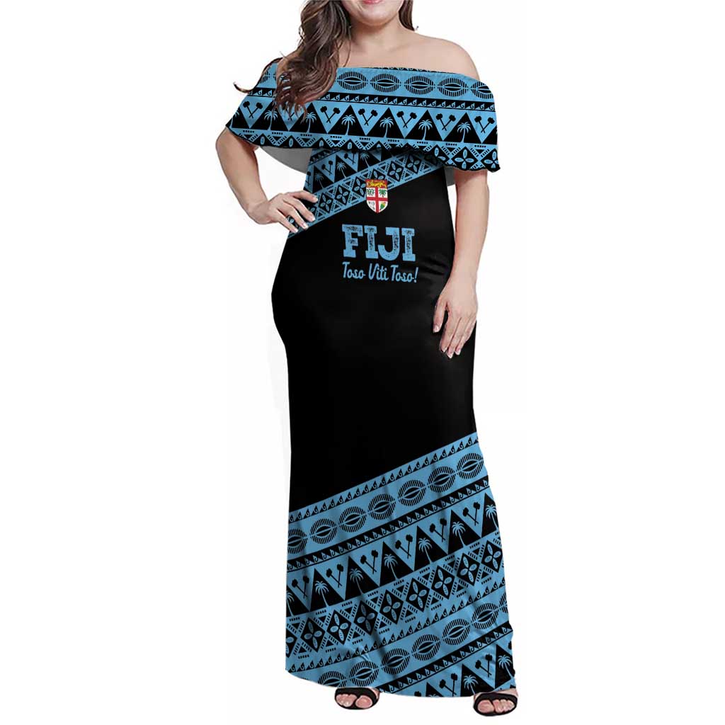 Fiji Rugby 2025 Custom Family Matching Off Shoulder Maxi Dress and Hawaiian Shirt Fijian Tapa Toso Viti Toso - Black LT14 Mom's Dress Black - Polynesian Pride
