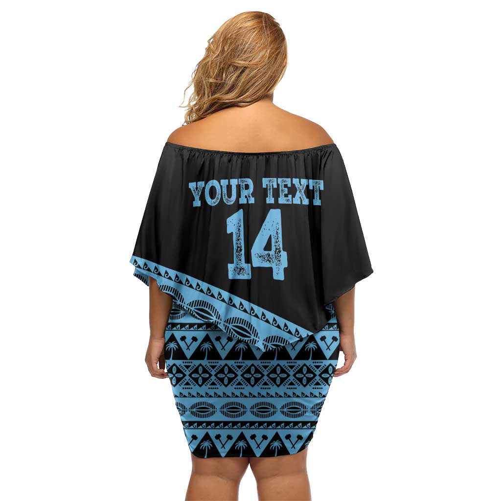 Fiji Rugby 2025 Custom Family Matching Off Shoulder Short Dress and Hawaiian Shirt Fijian Tapa Toso Viti Toso - Black LT14 - Polynesian Pride