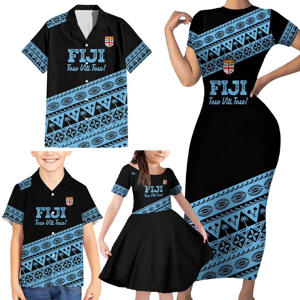 Fiji Rugby 2025 Custom Family Matching Short Sleeve Bodycon Dress and Hawaiian Shirt Fijian Tapa Toso Viti Toso - Black LT14 - Polynesian Pride