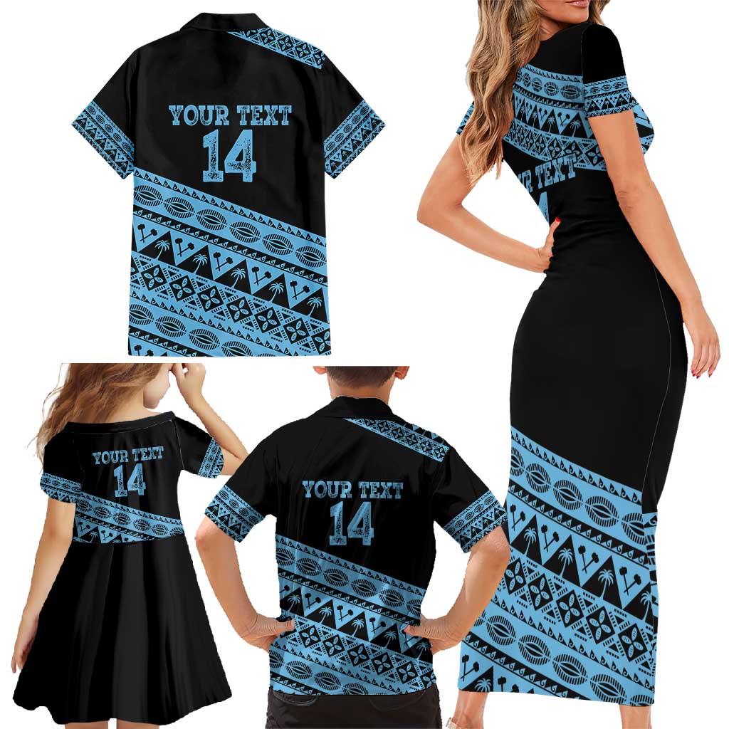 Fiji Rugby 2025 Custom Family Matching Short Sleeve Bodycon Dress and Hawaiian Shirt Fijian Tapa Toso Viti Toso - Black LT14 - Polynesian Pride