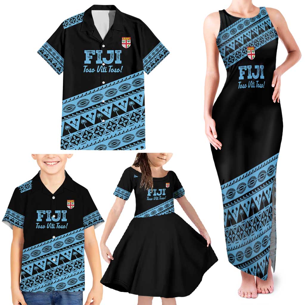 Fiji Rugby 2025 Custom Family Matching Tank Maxi Dress and Hawaiian Shirt Fijian Tapa Toso Viti Toso - Black LT14 - Polynesian Pride