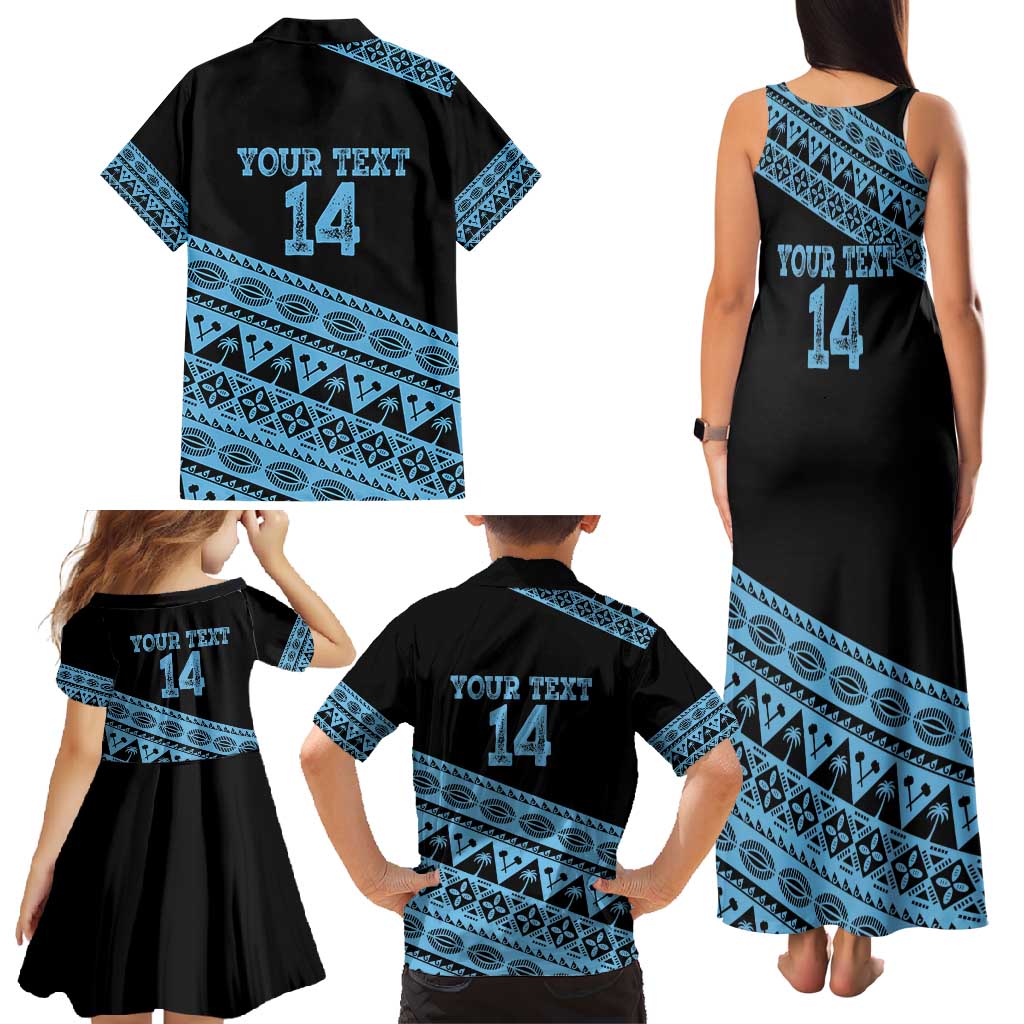 Fiji Rugby 2025 Custom Family Matching Tank Maxi Dress and Hawaiian Shirt Fijian Tapa Toso Viti Toso - Black LT14 - Polynesian Pride