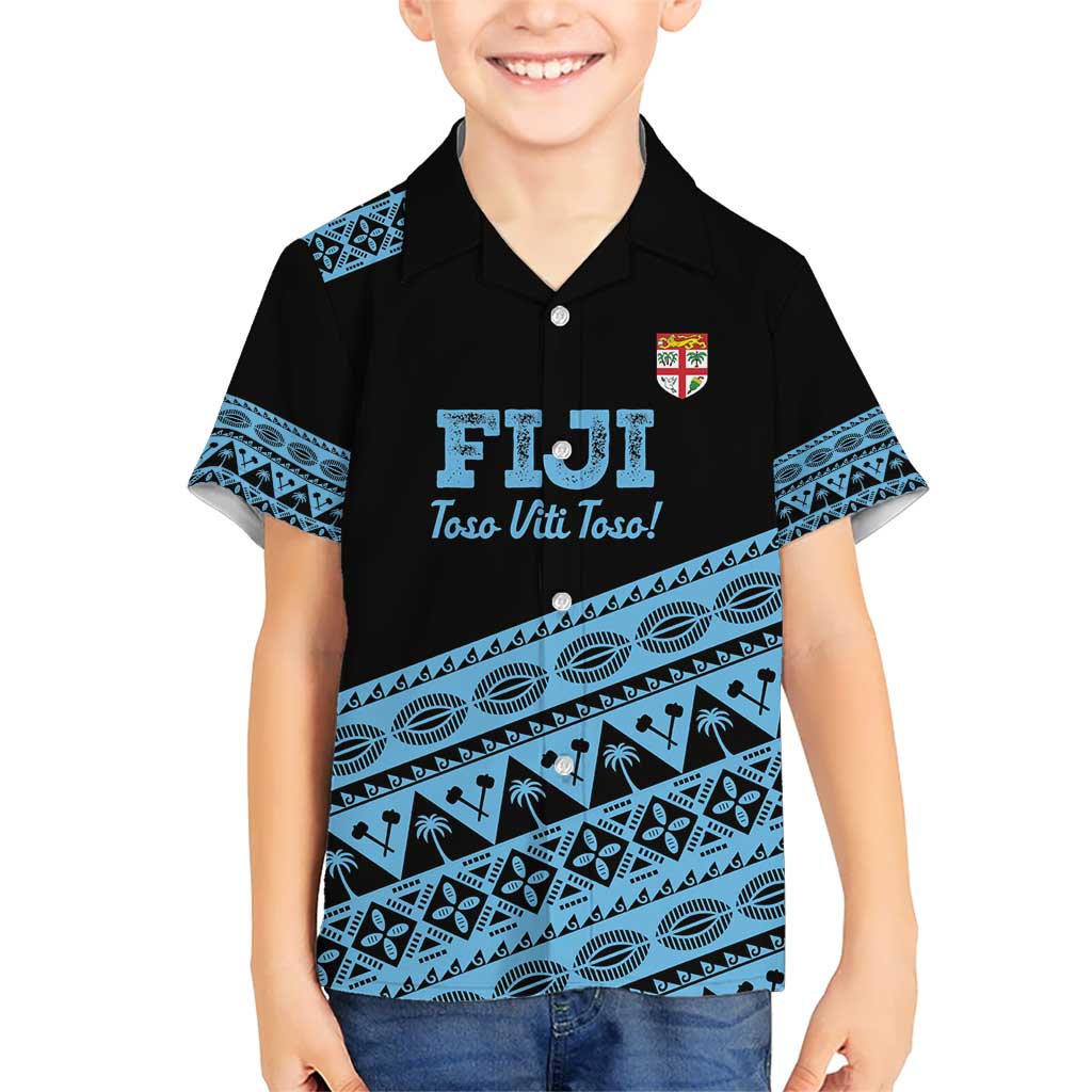 Fiji Rugby 2025 Custom Kid Hawaiian Shirt Fijian Tapa Toso Viti Toso - Black