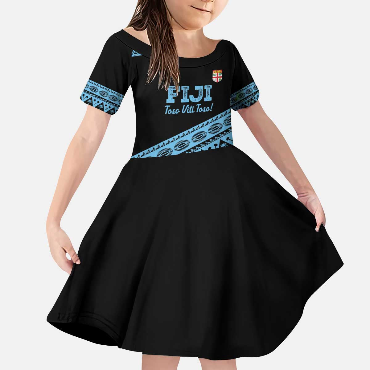 Fiji Rugby 2025 Custom Kid Short Sleeve Dress Fijian Tapa Toso Viti Toso - Black