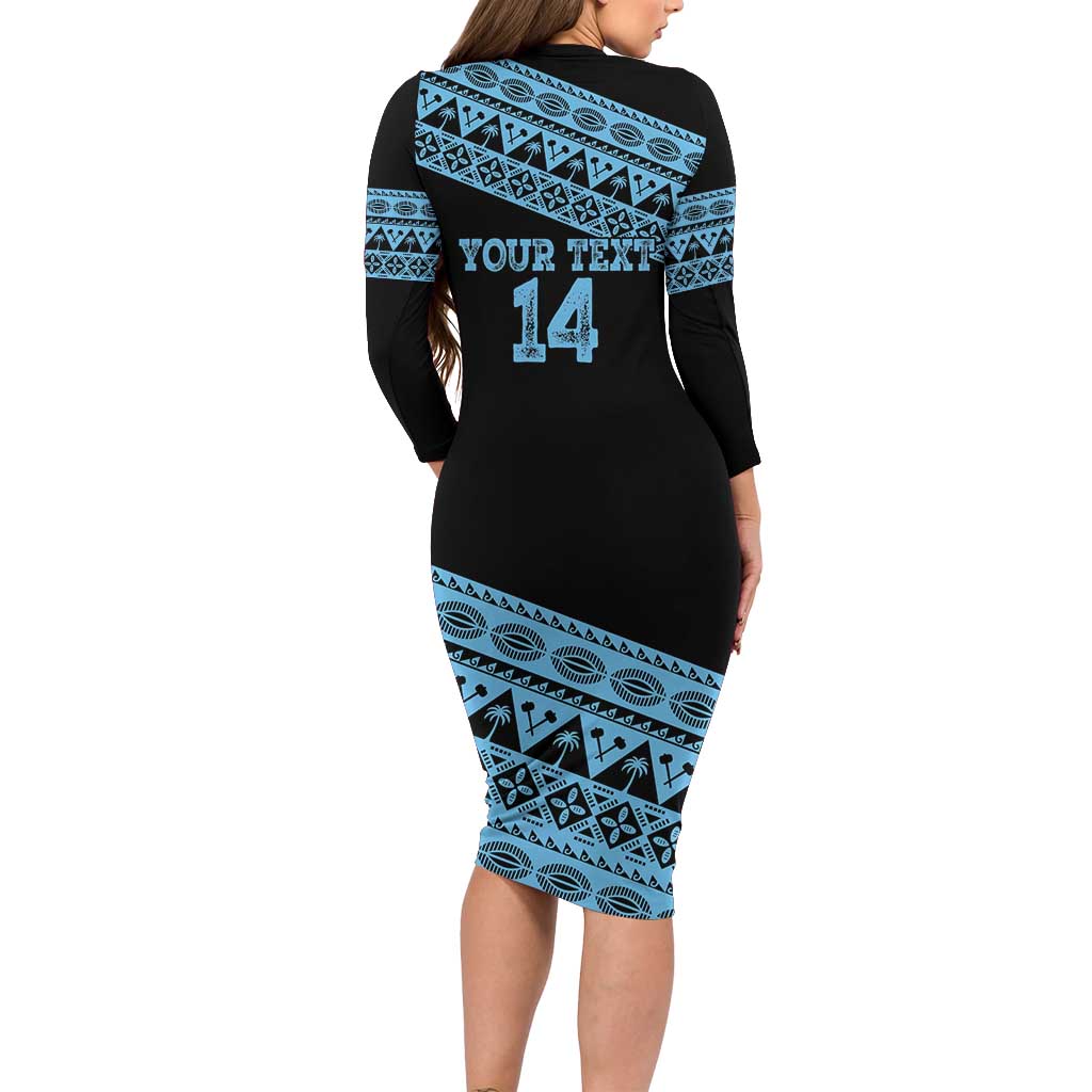 Fiji Rugby 2025 Custom Long Sleeve Bodycon Dress Fijian Tapa Toso Viti Toso - Black LT14 - Polynesian Pride