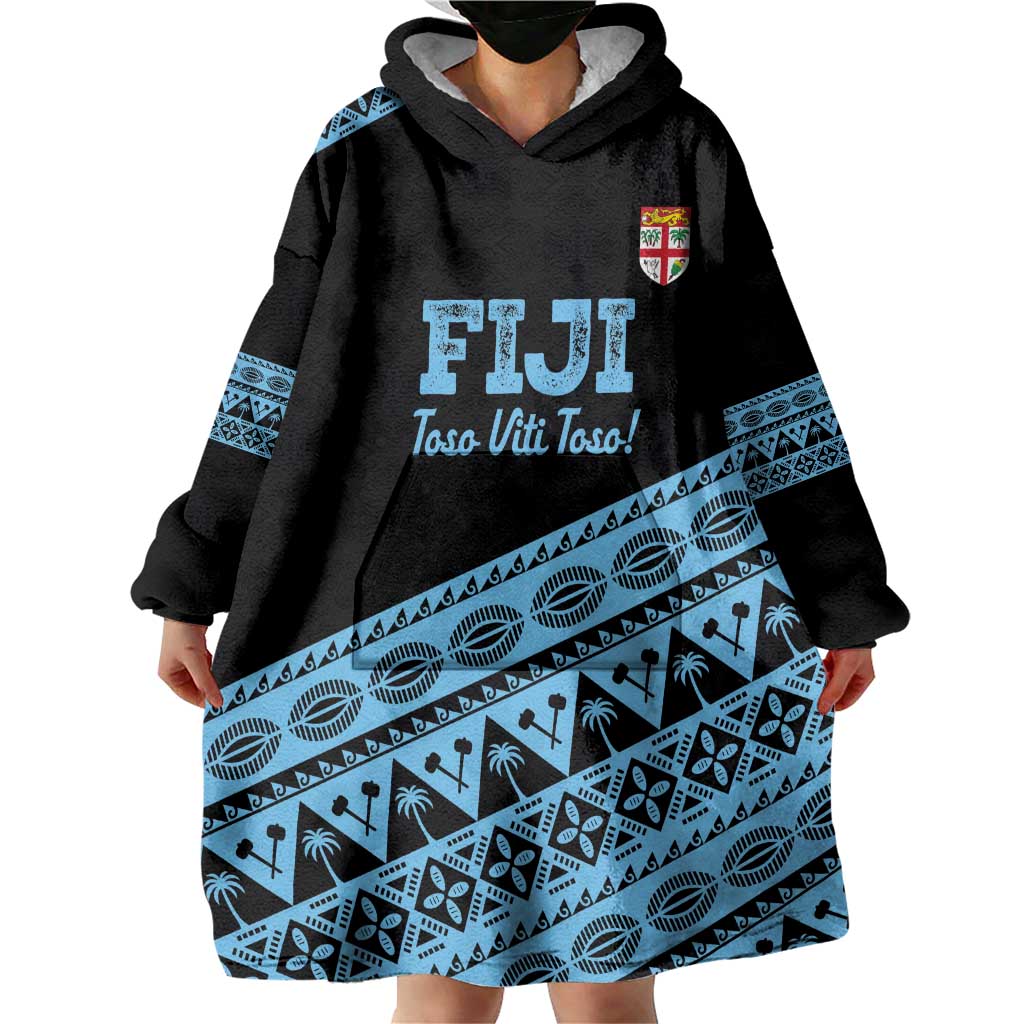 Fiji Rugby 2025 Custom Wearable Blanket Hoodie Fijian Tapa Toso Viti Toso - Black
